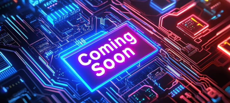Futuristic banner design featuring the bold "coming soon" text over glowing circuit boards. illuminated with a vibrant gradient, the image highlights advanced technology themes, perfect for tech expos, digital marketing, or event promotions.
