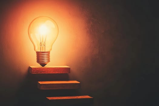 A staircase leading to glowing light bulb symbolizes innovation and success. This represents visionary thinking and business growth