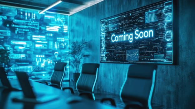 A modern conference room features a large holographic screen announcing "coming soon" with futuristic interface graphics. soft blue tones illuminate the space, creating an ambiance of advanced technology and innovation. ideal for tech-themed visuals.
