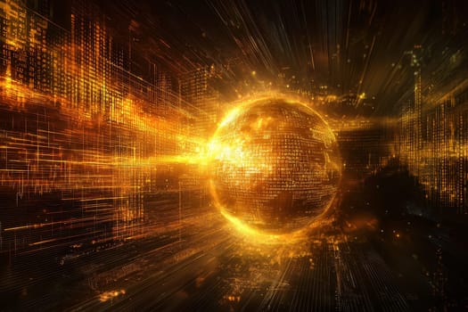 A golden sphere is surrounded by a glowing, swirling mass of lines and dots. Concept of chaos and energy, as if the sphere is being pulled in all directions by the surrounding patterns