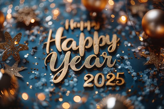 Golden letters spell out Happy New Year 2025 surrounded by shimmering confetti and festive ornaments on blue.