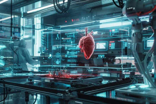 Advanced bioengineering laboratory featuring holographic displays and bioprinters used for developing artificial organs. the futuristic setting showcases cutting-edge technology, emphasizing innovation in medical sciences and bioprinting.
