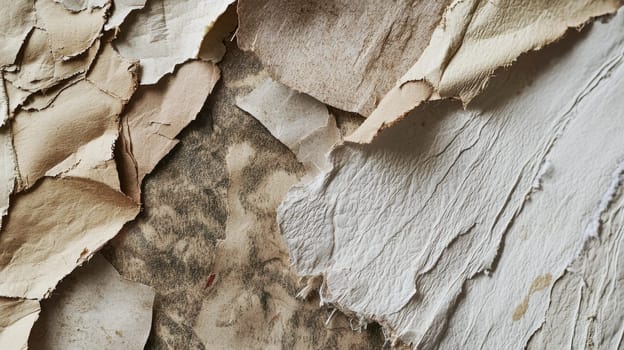 Torn recycled paper in earthy tones, expertly layered to create a visually appealing, sustainable look. the visible fibers and natural textures enhance its eco-friendly aesthetic, perfect for green product branding and environmentally conscious designs.