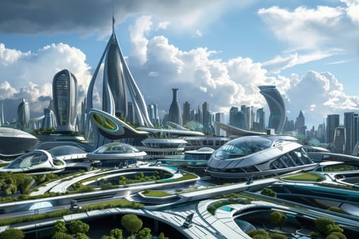 A visionary cityscape an innovative bioengineering institute, featuring sleek modern architecture merged with lush green spaces. the urban design blends futuristic elements with sustainable concepts, setting a new standard for city environments.