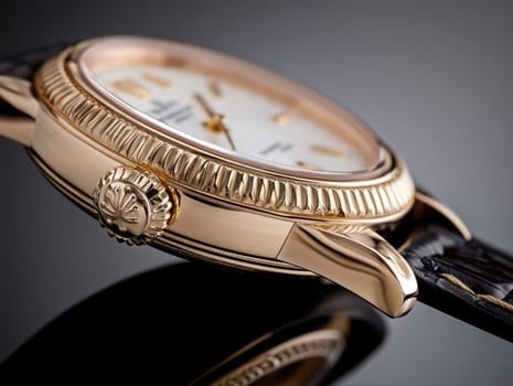 This luxurious gold watch features detailed craftsmanship, showcasing a smooth leather strap and a shiny, reflective surface that highlights its beauty.
