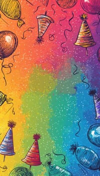 Vibrant birthday card template featuring a rainbow-colored background, whimsical hand-drawn party hats, floating balloons, and a blank central area ready for personalized text. perfect for festive and joyful birthday celebrations.