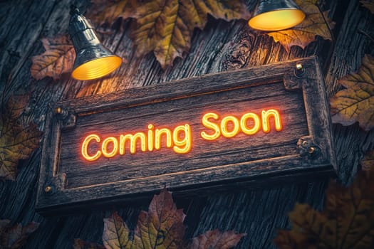 Glowing "coming soon" sign on a wooden board, adorned with autumn leaves and warm lighting, creates an inviting atmosphere. ideal for seasonal promotions, marketing materials, and designs celebrating the fall season.