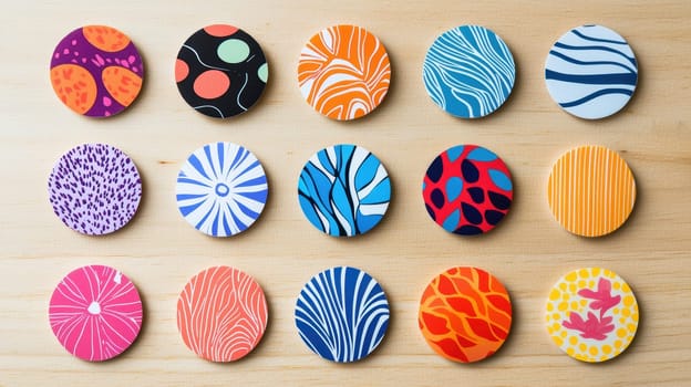 Circular stickers with vibrant designs arranged on a wooden surface, ideal for promotional branding. the soft natural lighting enhances the colors and textures, making them suitable for creative marketing, print, or design projects.