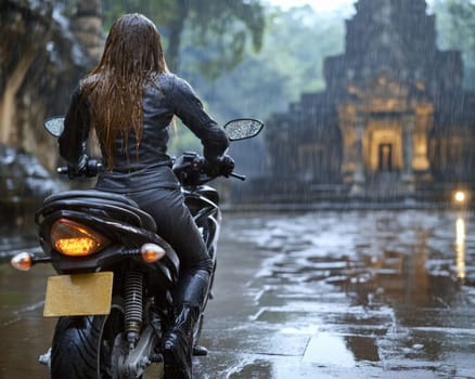Indian woman biker: beautiful girl, stylish rider, motorcycle adventure, elegant jacket, confident posture, powerful machine, free spirit, road journey, vibrant energy, fearless attitude