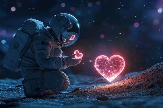 An astronaut kneels on asteroid, presenting glowing heart shaped crystal, symbolizing love and connection in vast universe