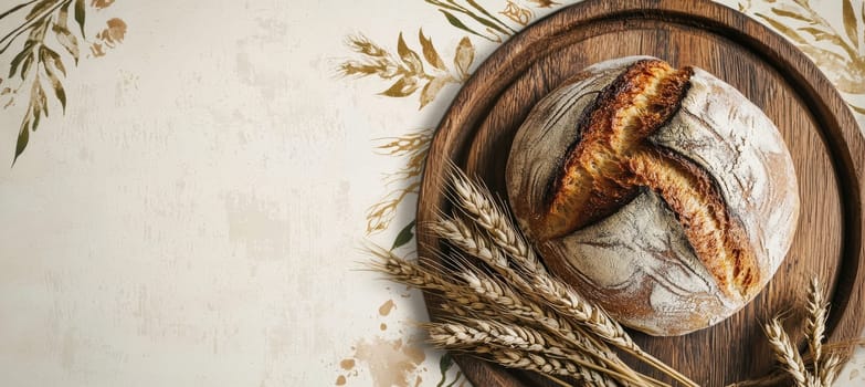 Rustic-themed email signature design for an artisanal baker, featuring a background with subtle bread and wheat illustrations. includes a circular profile picture frame with a wooden texture, enhancing the artisanal and rustic aesthetic.