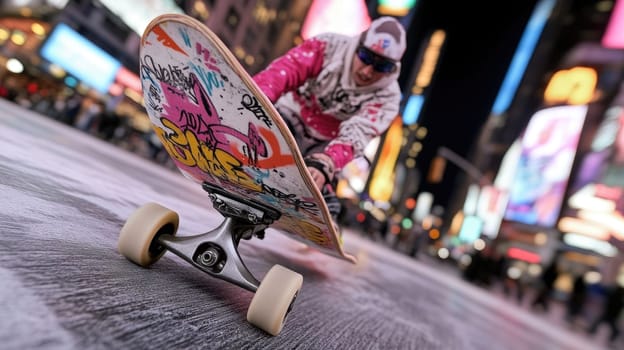 A skateboarder in colorful attire showcases impressive tricks on a skateboard amidst the bustling atmosphere of Times Square at night. The bright neon lights illuminate the scene.