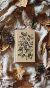 A die cut sticker with an eco-friendly theme decorates a kraft paper notebook. surrounded by dried leaves and earthy tones, the scene embodies an organic, natural aesthetic, perfect for sustainable living, journaling, or interior design inspiration.