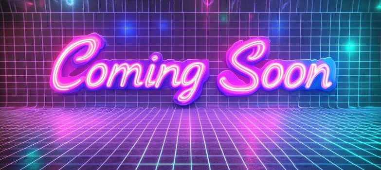 Vibrant "coming soon" banner featuring a retro 80s theme. neon colors illuminate the grid background, paired with glowing cursive text, creating a classic vintage look ideal for posters, announcements, or digital designs.