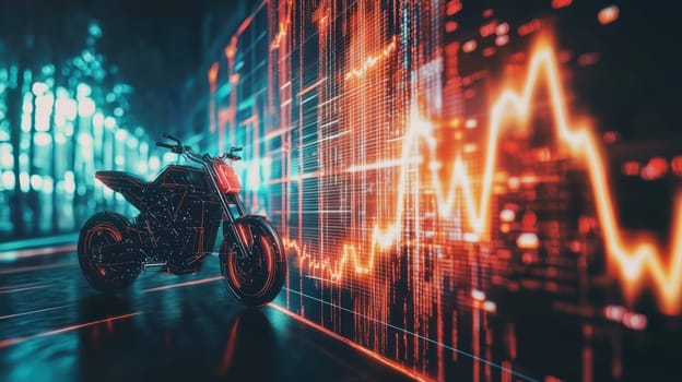 A sleek motorcycle stands against vibrant financial graph, symbolizing growth and innovation. upward trend reflects dynamic future