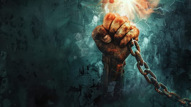 Symbolic representation of the fight against narcotics with a clenched fist breaking chains against a gritty urban background. a ray of light shines through, emphasizing hope and strength in overcoming addiction and societal challenges.