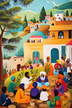 Guru nanak is depicted sitting among farmers, children, and elders in a colorful village scene. the lively environment showcases traditional rural life with animated interactions, vivid colors, and diverse community representation.