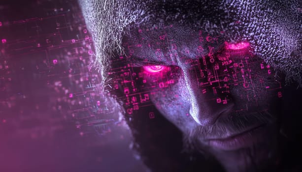 A hooded figure with glowing eyes surrounded by digital data and lock symbols, representing cyber threat