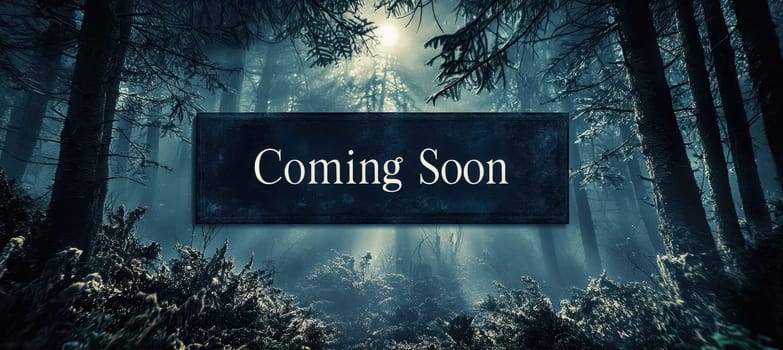 A coming soon banner for a thriller book release, featuring a dark, moody background with fog, shadowy trees, and a glowing light framing elegant text. ideal for promotional design and creating intrigue and suspense.