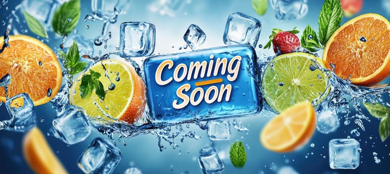 Vibrant banner showcasing splashes of water with citrus fruits and ice cubes, enhanced by bold, lively text. ideal for a refreshing beverage promotion, capturing the essence of freshness and anticipation.