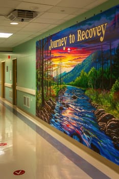 Motivational artwork displayed in a rehabilitation center hallway features a vibrant scenic path with a setting sun over mountains, emphasizing the theme of recovery and progress. the words "journey to recovery" are prominently highlighted, providing encouragement and hope.