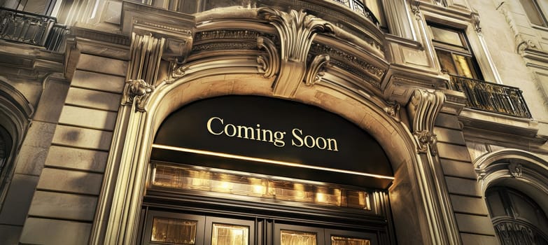 A sophisticated coming soon banner for a real estate project featuring luxurious architectural elements. the design includes soft golden lighting and elegant serif fonts, setting a refined and opulent tone perfect for premium developments.