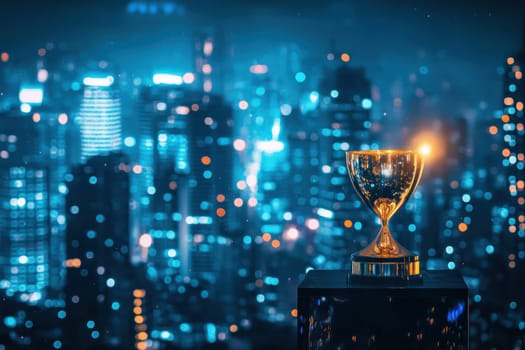 A glowing trophy symbolizes achievement in vibrant cityscape at night