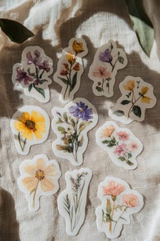 A collection of matte finish floral stickers featuring pastel colors, elegantly displayed on a textured linen fabric. ideal for use in crafts, journaling, or decoration, the design exudes a sense of calm and subtle elegance.