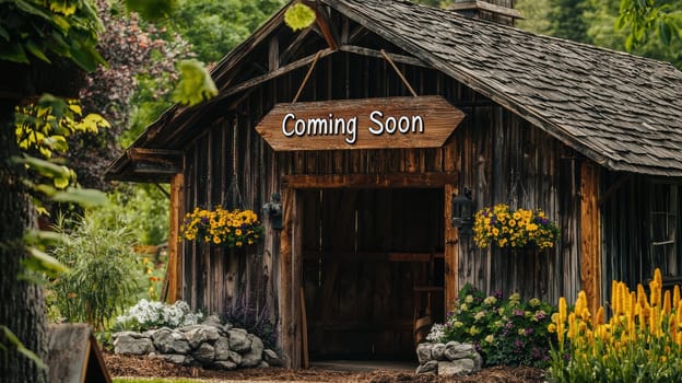 Rustic countryside barn featuring a charming wooden sign that reads "coming soon." surrounded by lush greenery and vibrant flowers, this idyllic setting is perfect for announcements, seasonal promotions, or event themes.