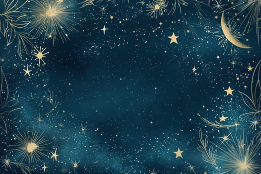 Celestial-themed greeting card template featuring a dark navy background adorned with stars, constellations, and a blank center perfect for personalized messages. mystical and enchanting design ideal for adding a touch of wonder to any occasion.