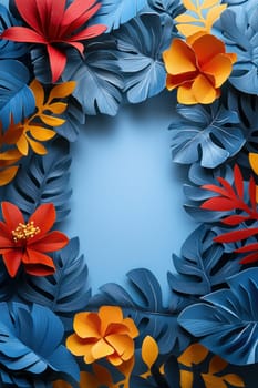 A Colorful floral frame with blue leaves and vibrant flowers, perfect for blank space
