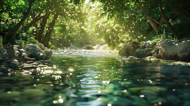A serene river flows through a lush, green forest, embodying purity and clarity. sunlight sparkles on the water's surface, the vibrant foliage. the peaceful scene invites a sense of tranquility and natural beauty.