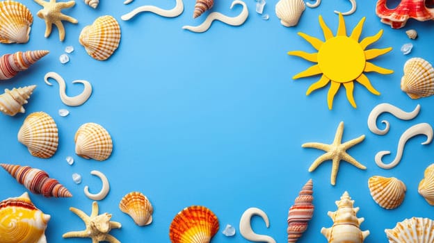 Vibrant beach-themed greeting card template featuring a bright blue background with sun, waves, and seashells. the design centers around a blank space surrounded by playful elements, perfect for summer or vacation-themed messages and invitations.