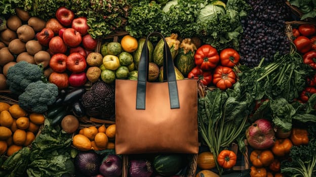 Showcasing a tote bag surrounded by an array of colorful fruits and vegetables, symbolizing sustainability, health, and eco-friendly living in a bustling farmer's market setting. perfect for designs promoting healthy choices.