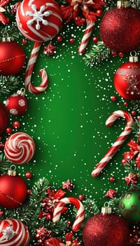 Bright and cheerful christmas greeting card template featuring a vibrant red and green color scheme. adorned with festive ornaments, candy canes, snowflakes, and a blank center area for personalized text. perfect for holiday-themed designs and celebrations.