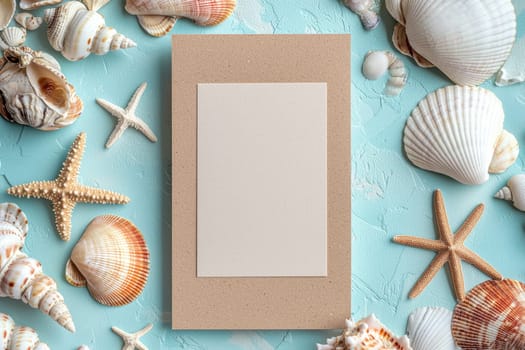 Soft sand-colored background adorned with seashells and starfish, featuring a blank center ideal for custom summer messages. perfect for beach-themed designs or holiday cards, evoking a serene seaside ambiance.