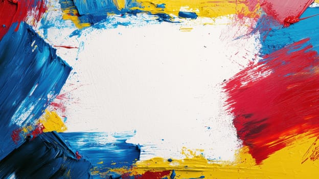 Vibrant abstract art featuring dynamic brushstrokes in blue, red, and yellow with a central blank space. this artistic style offers versatility for greeting cards, posters, or any creative design needing a bold, colorful backdrop.