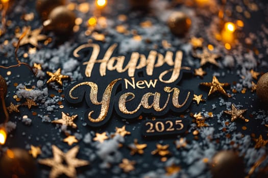 Festive decorations shine with golden wishes for the New Year, creating a magical atmosphere to welcome 2025.
