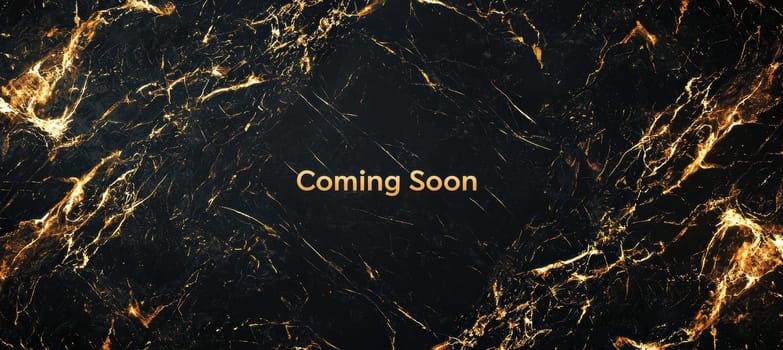 Luxurious black marble background with striking golden veins serves as the backdrop for a "coming soon" banner. centralized golden text with glowing accents adds sophistication, offering ample space for branding in a refined, elegant style.