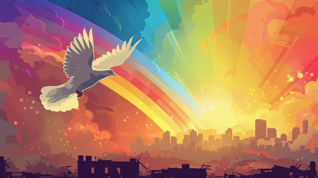A powerful scene depicting a dove with an olive branch flying over a war-torn city, symbolizing peace and hope. a colorful rainbow emerges from behind the cityscape, contrasting the destruction below with vibrant, uplifting hues.