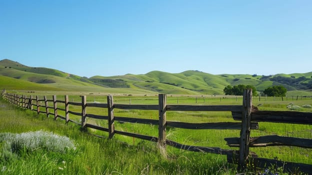 Scenic view of a peaceful countryside with a rustic wooden fence in the foreground, lush green rolling hills, and a bright clear blue sky. this serene landscape embodies a natural and tranquil lifestyle, perfect for designs evoking calmness and simplicity.