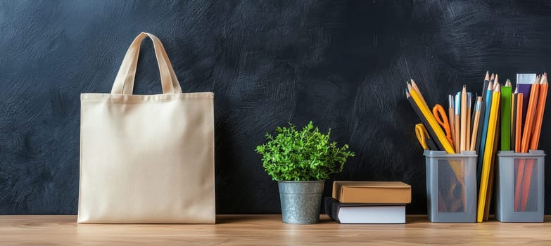 Reusable tote bag displayed with corporate branding, set on a desk alongside various office supplies and a small potted plant. ideal for promotional giveaways and sustainable marketing campaigns in office settings.