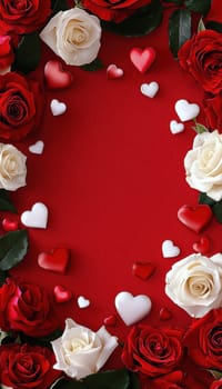 A classic valentine's day greeting card template featuring a central blank space surrounded by vibrant red and white roses, alongside a variety of heart motifs. perfect for expressing love and appreciation in a romantic, traditional style.