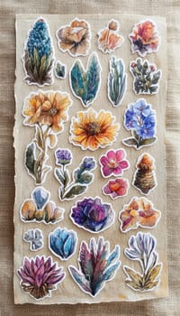 Collection of colorful watercolor-style butterfly and floral stickers on a textured canvas surface. ideal for enhancing crafting projects, diy activities, and creative designs. vivid details and soft hues inspire artistic creativity.