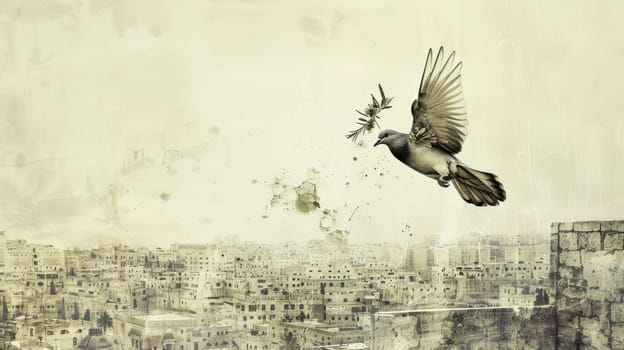 A dove carrying an olive branch soars above a cityscape split into conflict and peace. the contrast depicts themes of hope and reconciliation, with a blank area above for customizable text, ideal for print or poster design.