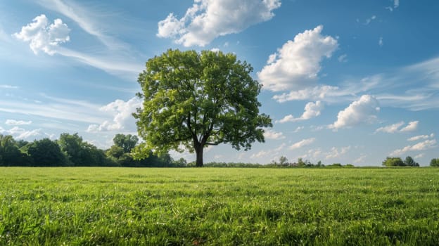 A lone, majestic tree stands in a vibrant green meadow, symbolizing stability and growth. the scene is set beneath a clear blue sky adorned with soft, white clouds, the purity and tranquility of the natural landscape.