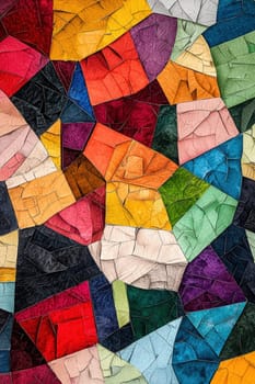 A vibrant torn paper mosaic exhibits geometric layering with intricate textures, creating a modern abstract design. each piece adds depth and character, perfect for visual marketing and contemporary artistic projects.