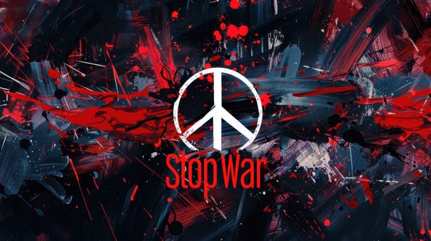 Abstract banner featuring chaotic red and black brushstrokes symbolizing the turmoil of war, centered around a bright white peace sign. stop war is inscribed below in clear, bold typography, creating a striking anti-war message.