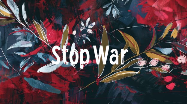Vivid abstract art with dominant red and black tones, symbolizing the chaos of war. a white olive branch pierces through, representing peace. the bold stop war message emphasizes anti-violence, creating an impactful visual statement.