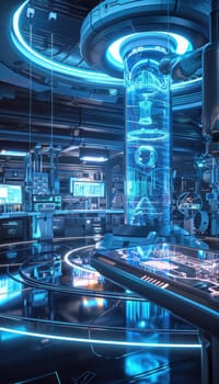 Cutting-edge bioengineering lab with bioreactors and holographic displays demonstrating synthetic tissue creation. innovative design offers a glimpse into advanced scientific research and biotechnology applications in a high-tech environment.